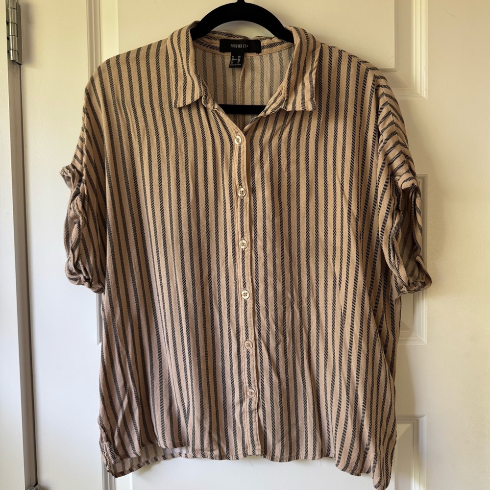 Forever 21+ Beige and Black Striped Button Up Short Sleeve Collared Top